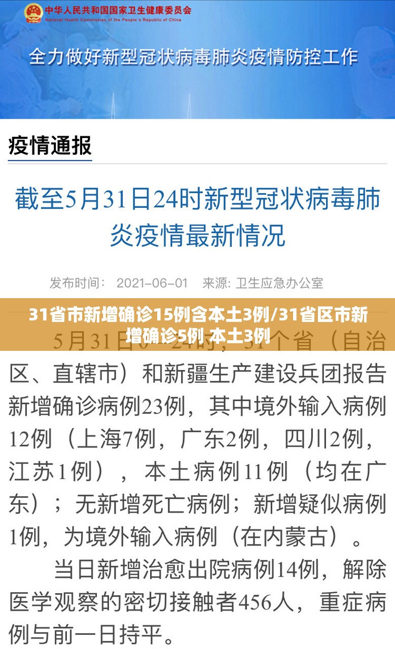 31省市新增确诊15例含本土3例/31省区市新增确诊5例 本土3例