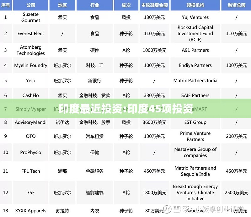 印度最近投资:印度45项投资