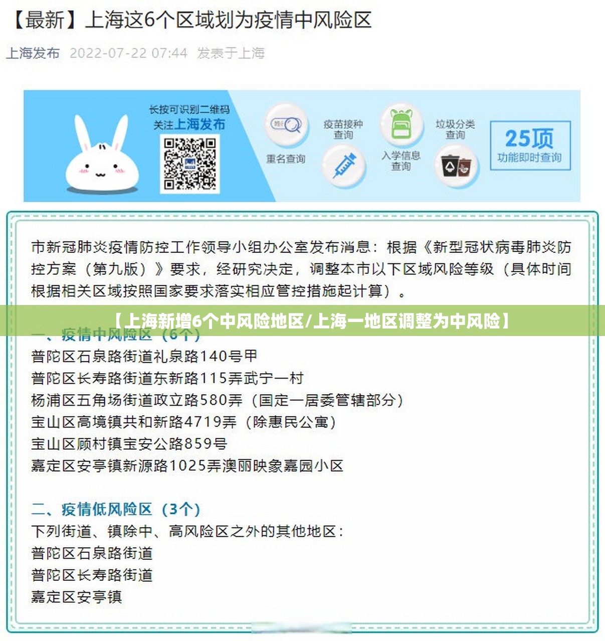 【上海新增6个中风险地区/上海一地区调整为中风险】