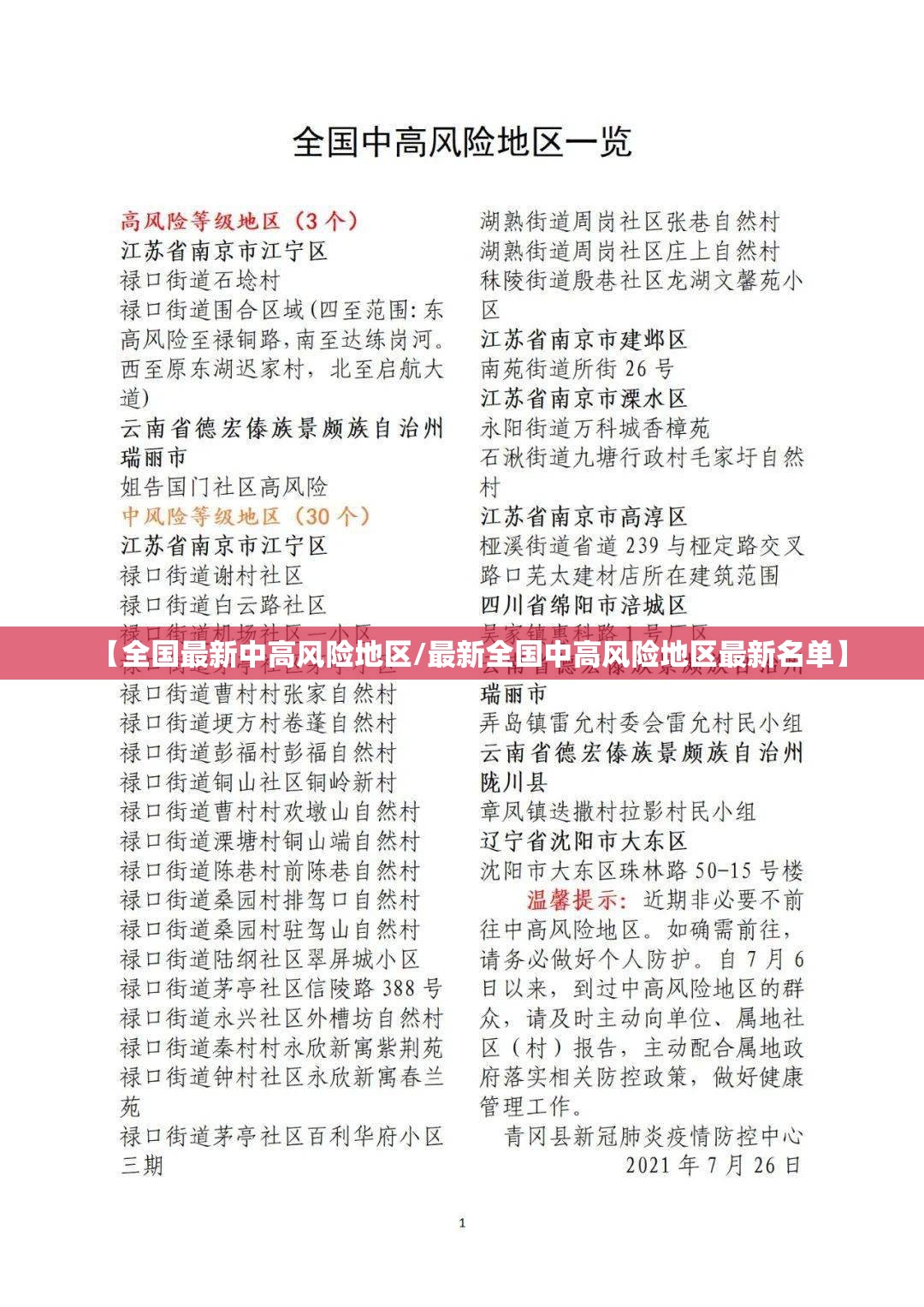 【全国最新中高风险地区/最新全国中高风险地区最新名单】