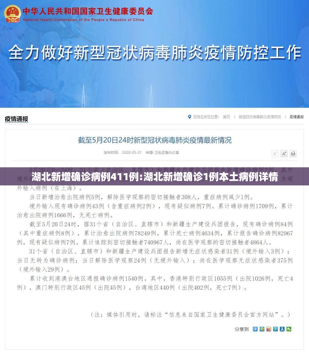 湖北新增确诊病例411例:湖北新增确诊1例本土病例详情
