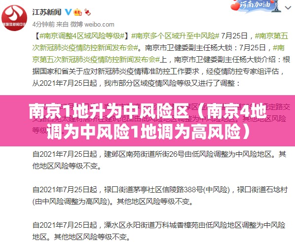 南京1地升为中风险区（南京4地调为中风险1地调为高风险）