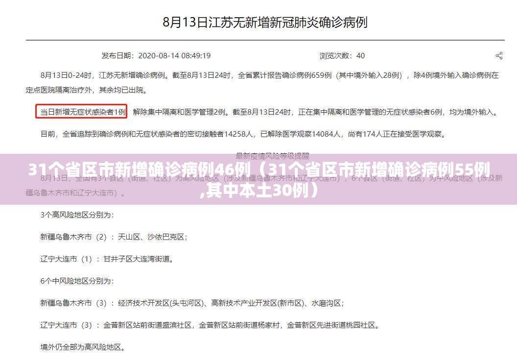 31个省区市新增确诊病例46例（31个省区市新增确诊病例55例,其中本土30例）