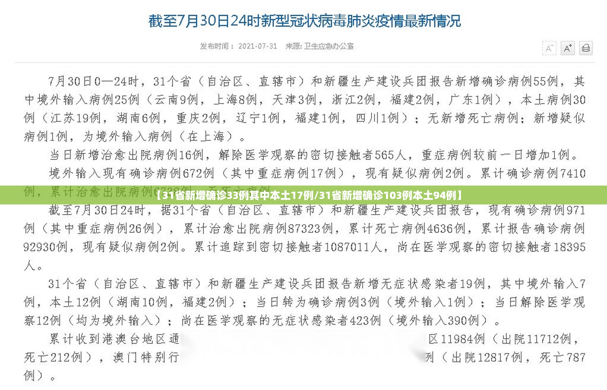 【31省新增确诊33例其中本土17例/31省新增确诊103例本土94例】 【31省新增确诊33例其中本土17例/31省新增确诊103例本土94例】