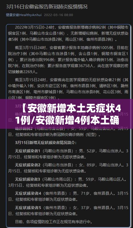 【安徽新增本土无症状41例/安徽新增4例本土确诊5例无症状】 【安徽新增本土无症状41例/安徽新增4例本土确诊5例无症状】
