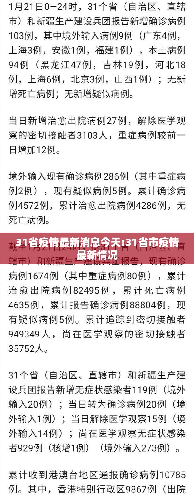 31省疫情最新消息今天:31省市疫情最新情况