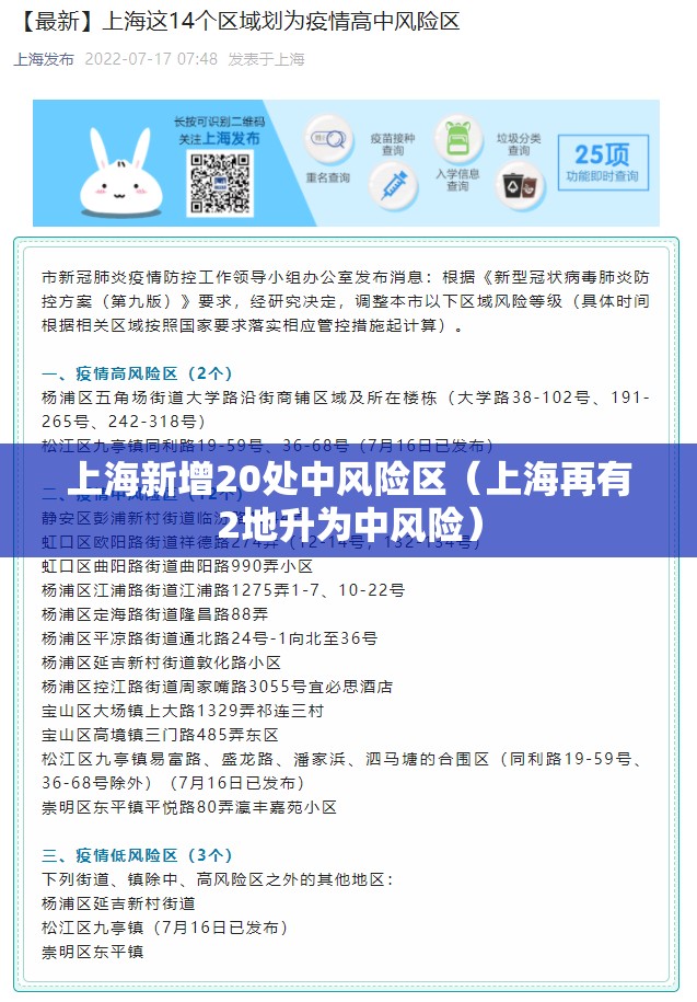 上海新增20处中风险区(上海再有2地升为中风险) 上海新增20处中风险区(上海再有2地升为中风险)