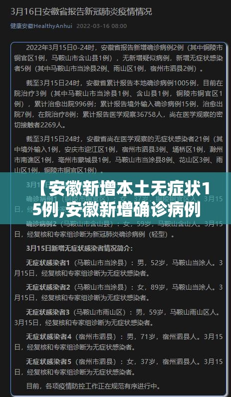 【安徽新增本土无症状15例,安徽新增确诊病例3例 无症状感染者7人】 【安徽新增本土无症状15例,安徽新增确诊病例3例 无症状感染者7人】