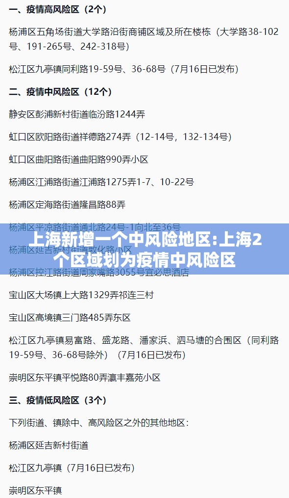 上海新增一个中风险地区:上海2个区域划为疫情中风险区 上海新增一个中风险地区:上海2个区域划为疫情中风险区